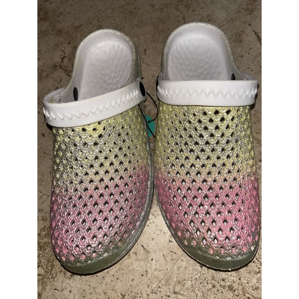 Foamwalk Rubber mules clogs Sz 9/10 White Pink Yellow Silver Glitter NWT